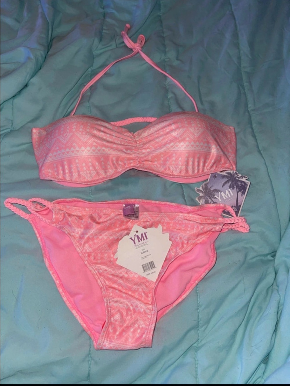 YMI Pink Patterned Bandeau Bikini Set with Braided Sides